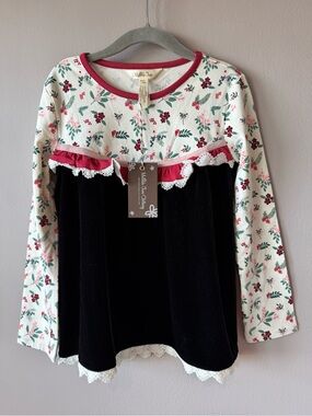 Matilda Jane NWT Girls Lucie Holly Print Holiday Festive Velvet Top 6 Years